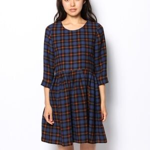 Ray Beams Plaid A-line Pleated Short Sleeve Dress Blue Size 1 Small check measur